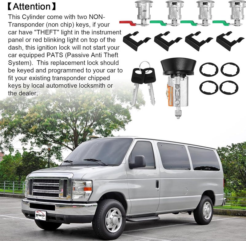MOTORSTAR For 1997-2006 Ford Econoline, E-150 E-250 E-350 Vans Ignition Switch Lock Cylinder +4 Chrome Door Lock Cylinder Tumbler Set With 4 Clips With 2 Keys LC6177+703369 X4+597638 X2 (No Chip) - Image 2